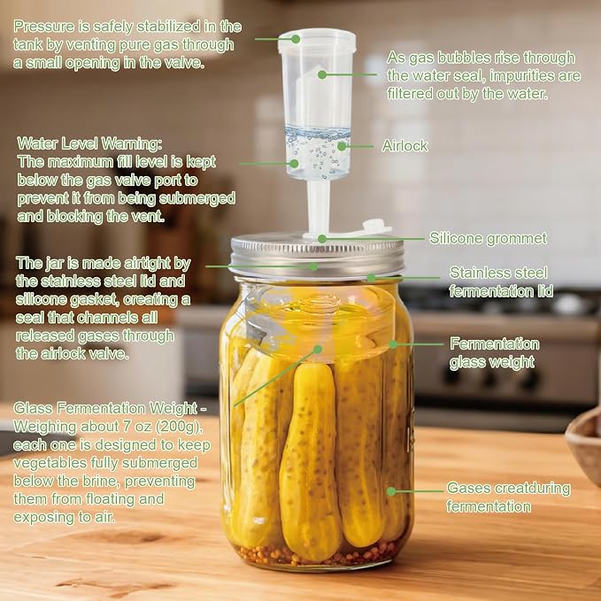 Fermenting weights wide mouth Mason Jar Fermentation Kit with 4 Fermentation Lids, 4 Glass fermentation Weights, 4 Airlocks for Fermenting, 5 Silicone Rings & Grommets - Pickling kit（No Jars）