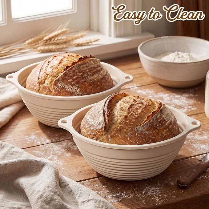 Fanfanwin 4 Pcs Silicone Banneton Bread Proofing Baskets, 10" Beige Round Foldable Non-Stick Dough Proofing Bowl Containers with Handles, Sourdough Bread Baking Supplies, Oven & Dishwasher Safe