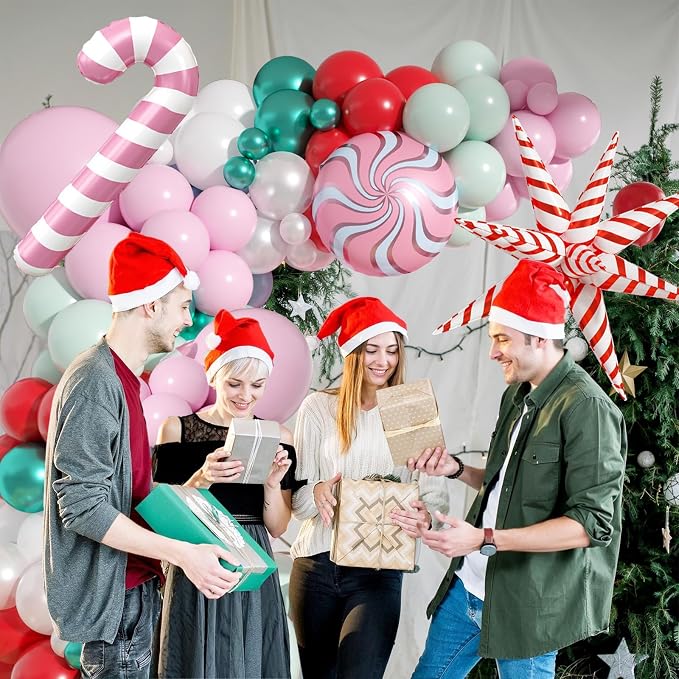 Christmas Balloon Arch, Pink Green Balloon Arch Kit, Pink White Green Red Balloons Candy Foil Star Sweet Canes Balloons For Christmas Theme Birthday Baby Shower Party Wedding Holiday Celebrations