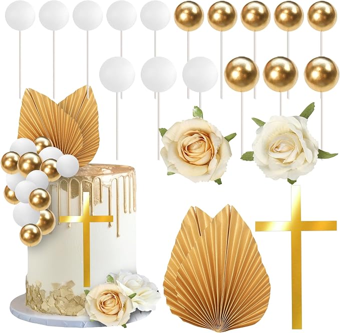 Rsstarxi Gold Cross Cake Decoration with White Gold Rose Balloon Cake Picks for Baptism Baby Shower Wedding Birthday Party DIY Cake Decorations Supplies