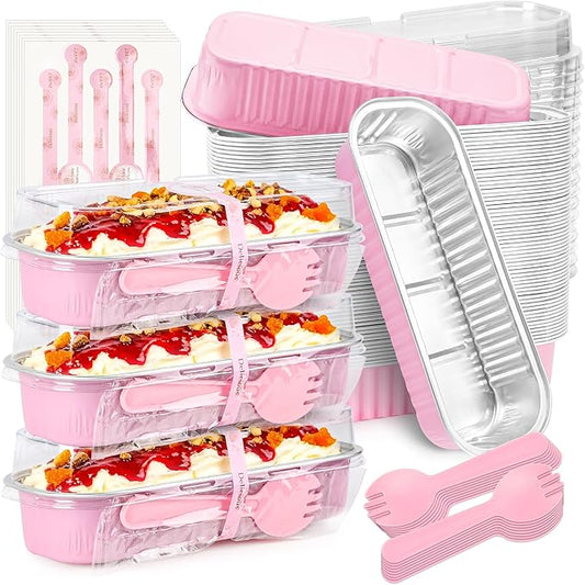 NPLUX Mini Cake Pans with Lids and Spoons, 60 Pack Pink Mini Loaf Pans with Lids, Aluminum Foil Mini Cake Containers for Baking, Individual Cake Pans with Lids, Graduation Gifts Party Favors