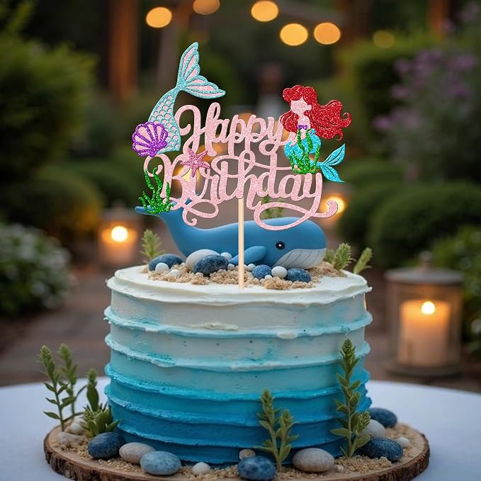 1 PCS Mermaid Cake Topper Glitter Mermaid Happy Birthday Cake Pick Starfish Seawood Seashells Mermaid Tail Cake Decoration for Under the Sea Theme Baby Shower Birthday Party Supplies Light Pink