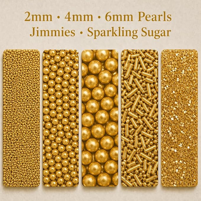 Confect Gold Sprinkles – Assorted 5-Pack for Cake & Cupcake Decoration, Golden Dragees, Jimmies & Sparkling Sugar for Christmas & Birthday Parties | Vegan, Gluten-Free, Nut-Free, Soy-Free, Dairy-Free, Palm Oil-Free -5 Oz