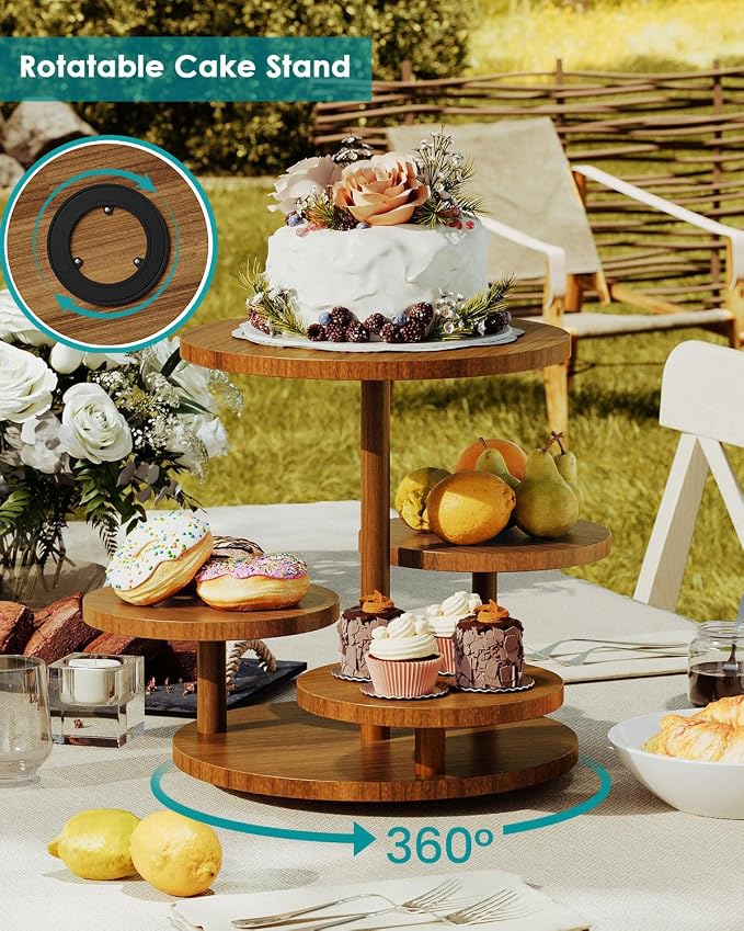 SANYOUNG 4 Tier Round Cupcake Tower Stand for 50 Cupcakes, Rotatable Wooden Cake Stands with Tiered Tray, Cookie Dessert Display Stand for Wedding Birthday Baby Shower Tea Party, Rustic