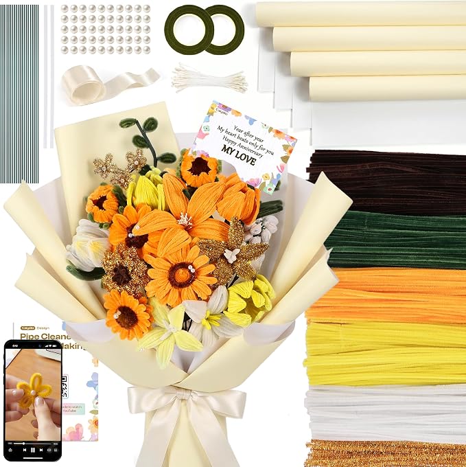 Caydo 700PCS Pipe Cleaners Flower Kit, Yellow Chenille Stems Bulk with Floral Wires, Ribbons, Tapes, Stamens, Glue Sticks for Making Craft Pipe Cleaner Bouquets