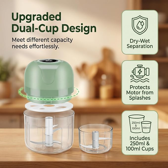 TaiWaggers Mini Electric Garlic Chopper, Dual-Cup Electric Mini Garlic Chopper,Portable Wireless Food Processor for Vegetables, Onion, Ginger, Chili, Meat – Rechargeable, Splash-Proof（Light Green）