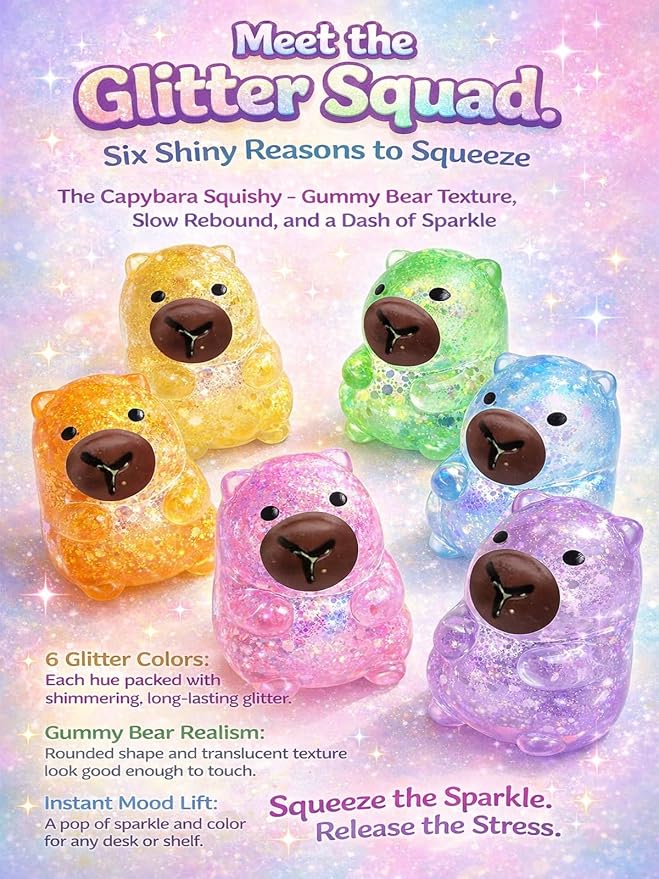 Capybara Squishy Glitter Animal Squeeze Balls Cute Capybara Stress Ball Anxiety Relief Slow Rise Adult Sensory Fidget Tool Gift Sparkling Desk Decor Collectibles Decompression Dough(3pcs Set1)