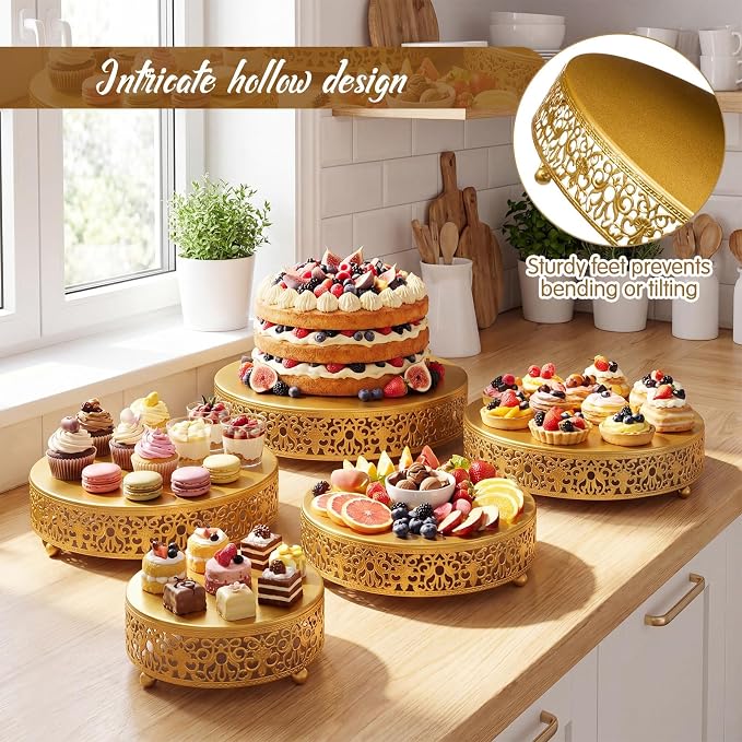 Wenqik 5 Pcs Metal Gold Cake Stand 16/14/12/10/8 Inch Round Cake Holder Display for Dessert Table Cookies Fruit Serving Tray Cupcake Pastry Riser for Wedding Birthday Party and Events