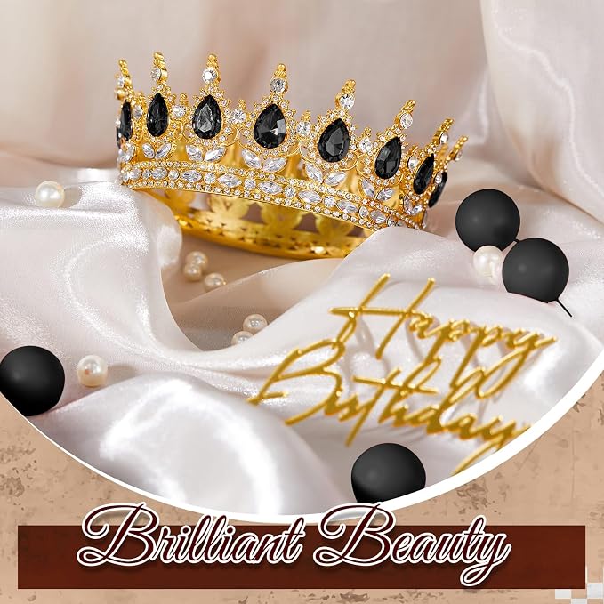 8 Pcs Gold and Black Queen Crown Cake Topper for Women, Happy Birthday Cake Toppers Foam Balls Rhinestone Crystal Tiara Wedding Decoration for Princess Party Photo Props