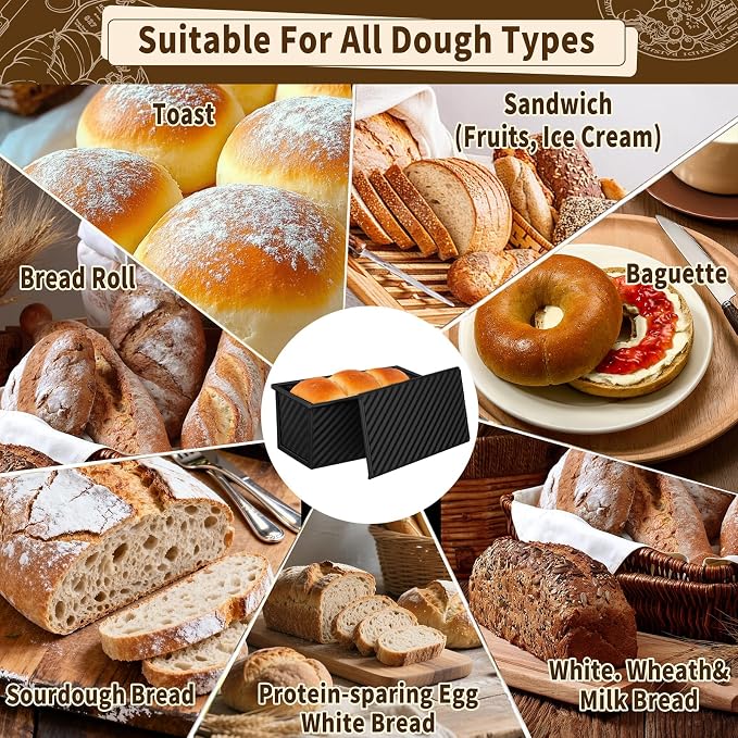 3 Pack Pullman Loaf Pan with Lids, Non-Stick Bread Loaf Pan, Heavy Duty Carbon Steel Corrugated Toast Box for Baking, Square Bread Pans for Homemade Sandwich, Bakeware (Black)