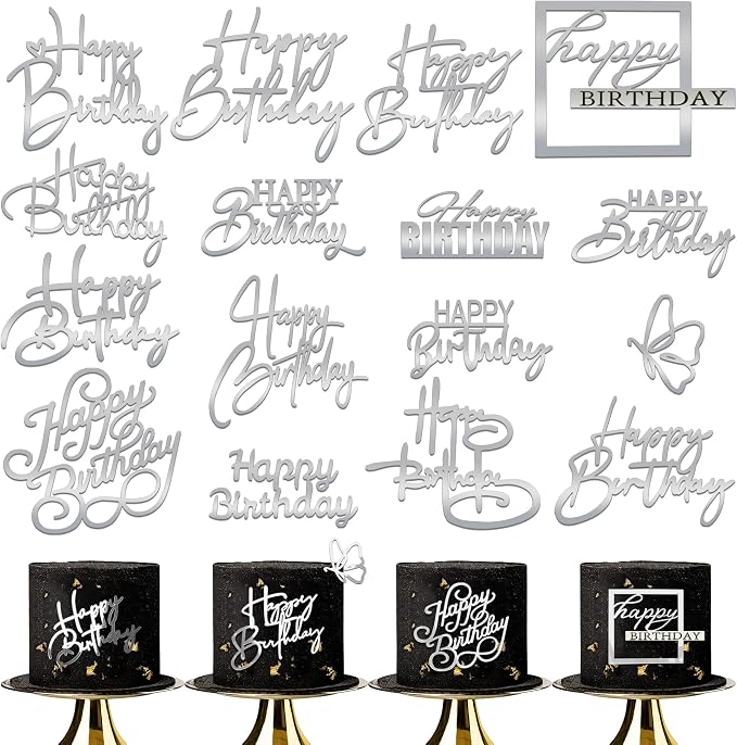 15 PCS Silver Happy Birthday Cake Toppers Mirror Acrylic Cake Topper Side Cake Decorations Silver Cake Inserts Cake Decorating Supplies Cupcake Toppers for Birthday Party Cake Desserts 15 Styles