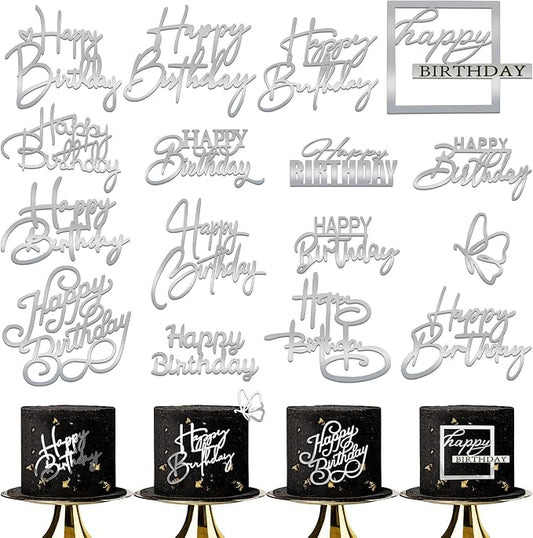 15 PCS Silver Happy Birthday Cake Toppers Mirror Acrylic Cake Topper Side Cake Decorations Silver Cake Inserts Cake Decorating Supplies Cupcake Toppers for Birthday Party Cake Desserts 15 Styles
