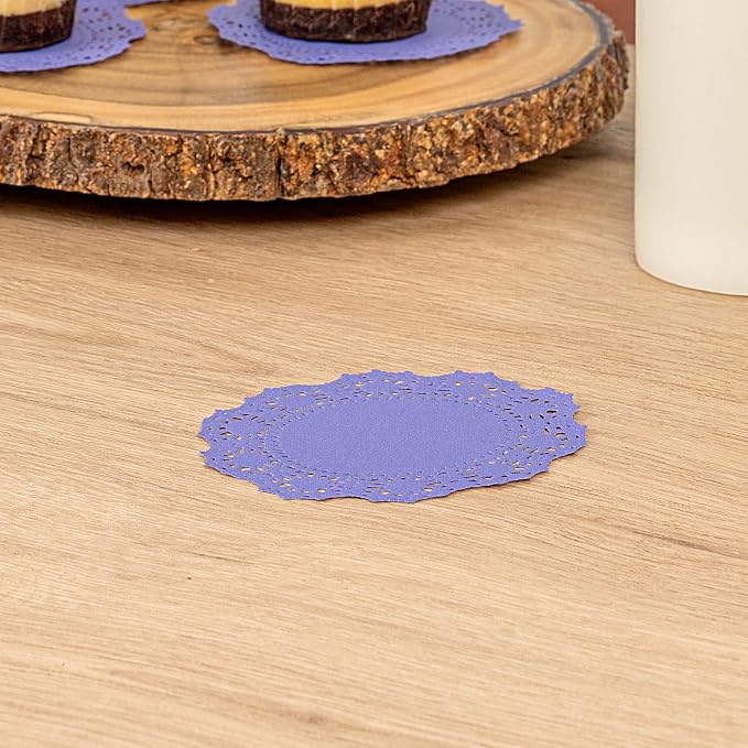 Pastry Tek 4 x 4 Inch Paper Lace Doilies, 4000 Disposable Table Doilies - Elegant Lace Finish, Long Lasting, Purple Paper Doily, for Pastries, Cupcakes, Desserts - Restaurantware