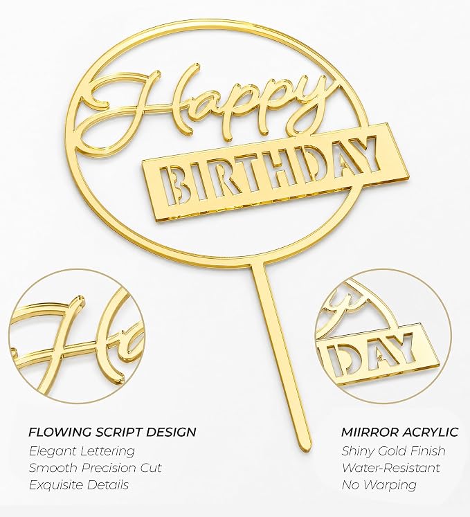 6-Pack Gold Happy Birthday Cake Toppers, 5" x 6.5" Acrylic Happy Birthday Sign for Cake Decorations