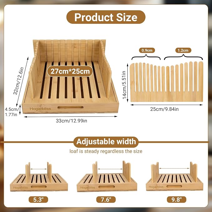 Hogarbliss Bread Slicer for Homemade Bread, 10.5″Adjustable Bread Cutter with Crumb Tray, Compact&Foldable Bread Loaf Slicer for Sandwiches and Round, Bamboo Bread Cutting Board-Kitchen Gadget & Gifts