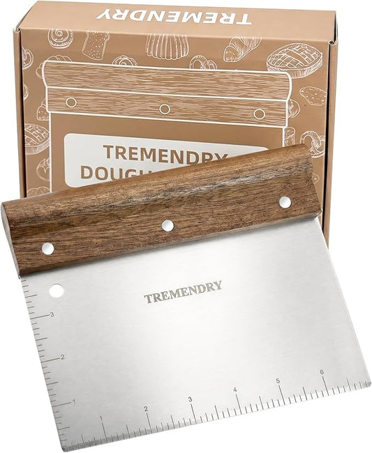 Extra Large Bench Scraper with Walnut Grip, Dough Cutter for Bread & Food | Natural Wood, 4x7 inches Stainless Steel Blade, Sharp Cutting Edge, Laser-Etched Measurement, Hanging Store, Bonus S-Hook