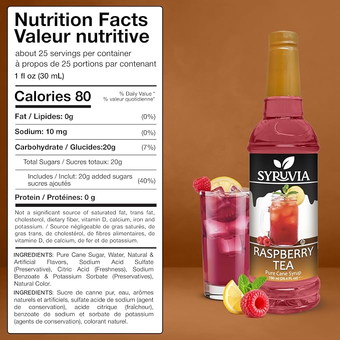 Syruvia Raspberry Tea Syrup, Flavored Syrup for Teas, Drinks, Lemonades, Iced Teas, and Desserts – 25.4 fl oz - with Pump