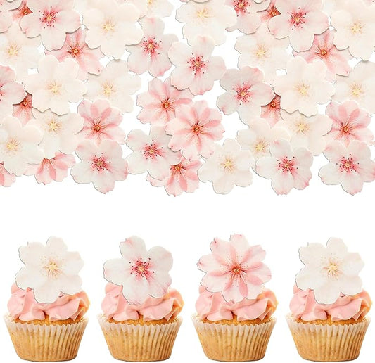 Gyufise 54Pcs Edible Cherry Blossoms Cupcake Toppers Edible Flowers Cake Decorations Wafer Paper Flowers Cupcake Topper for Baby Shower Kids Birthday Party Decorations Supplies Pink White
