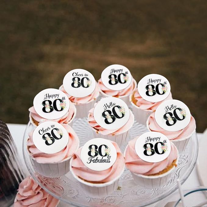 40Pcs Edible Circle Happy 80th Birthday Cupcake Toppers Edible Floral Hello 80 Fabulous Cheers to 80 Cupcake Picks Drink Toppers for Funny Female Floral 80th Birthday Party Decorations