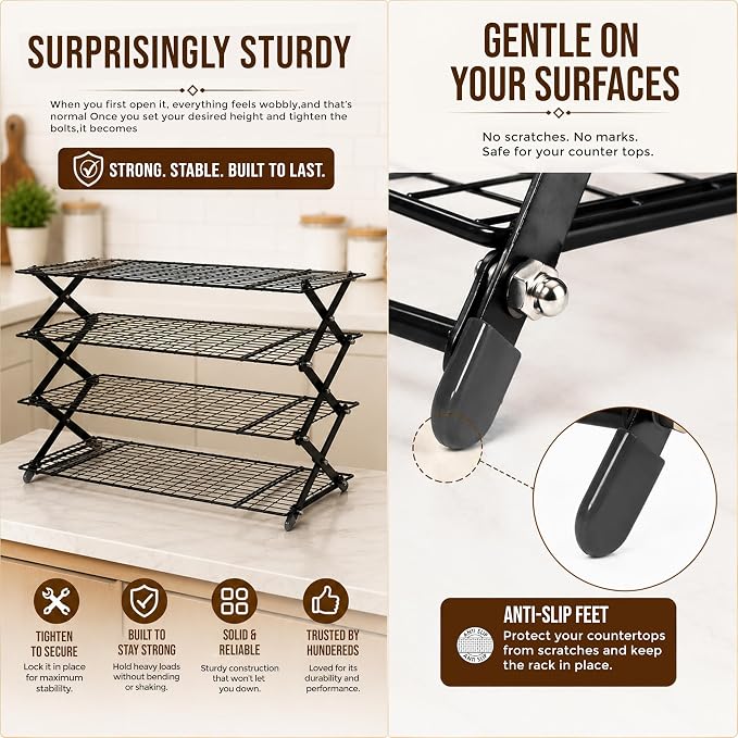 4 Tier Collapsible Cooling Rack for Baking with 12 Piece Cookie Cutter Set - Adjustable Stackable Wire Baking Rack, 3 Setting Design, Space Saving for Cookies, Cakes & Bread