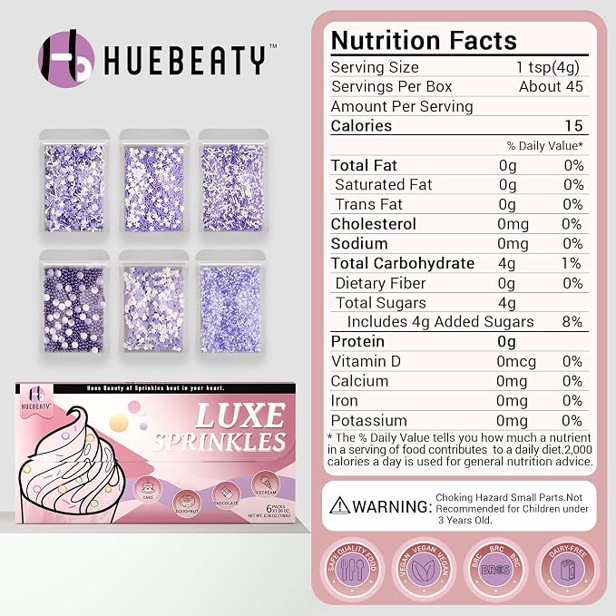 HUEBEATY 6-in-1 Purple Sprinkles for Cake & Cupcake Decorating – 180g Edible Sanding Sugar & Pearl Sprinkles Mix for Birthday, Wedding, Unicorn & Mermaid Themes (Purple and Silver)