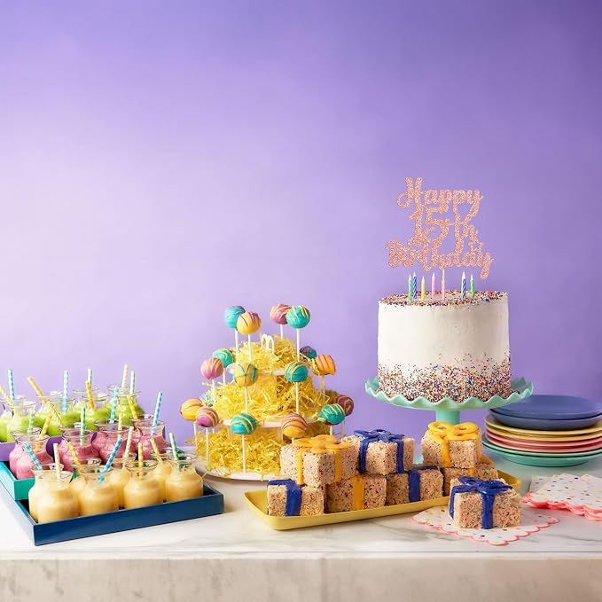 Gyufise 1Pc Happy 15th Birthday Cake Topper Glitter 15 & Fabulous Cheers to 15 Years Old Cake Pick for Celebrating 15th Birthday Anniversary Party Cake Decorations Supplies Rose Gold