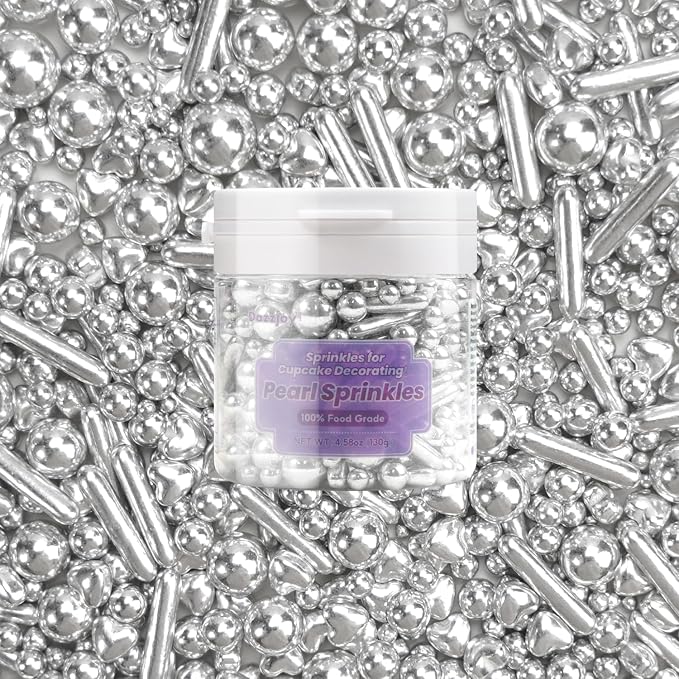 Edible Silver Heart Sprinkles, 130g/4.58oz, Silver Pearl Sprinkles For Cake Decorating, Edible Silver Cake Decorations, Birthday Party Supplies