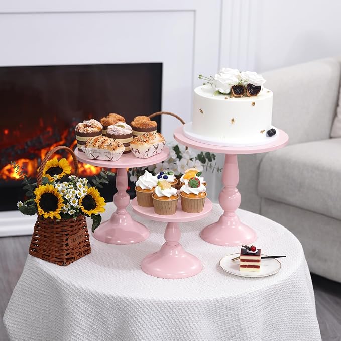 Set of 3 Pink Cake Stands, QENUIITEA Metal Round Cake Holder Dessert Pie Pizza Display Stand 8" 10" 12" Serving Tray Decoration for Wedding Celebration Party Birthday Baby Shower