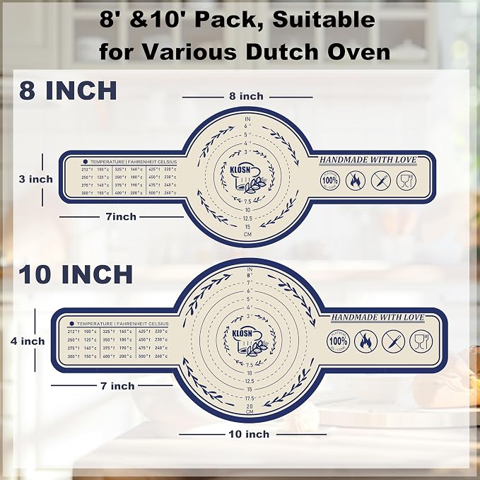 Silicone Bread Sling for Dutch Oven, 2 Pack (8" & 10" Round) – Non-Stick & 500°F Heat Resistant Sourdough Mat, Easy to Clean, Reusable Food-Grade Sourdough Slings - Fits 5–7 qt Dutch Ovens
