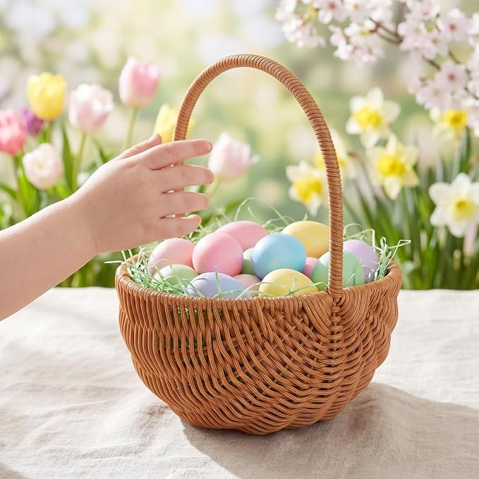 Small Woven Basket with Handle, Plastic Rattan Wicker Easter Basket for Picnic, Harvesting, Home Storage And Decor, Splinter-free, Light Brown, 9. 04 Inch