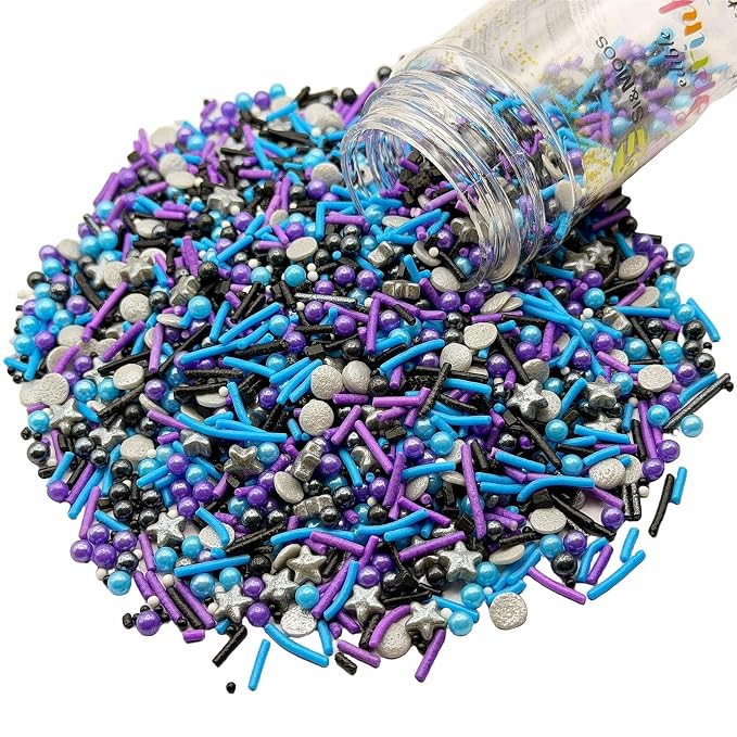 SE Si&Moos Galaxy Sprinkles 3 OZ Black Blue and Purple Edible Pearls for Cake Decorating Blue and Purple Edible Pearls and Sequins Space Sprinkles Mix for Baby Shower Halloween Christmas Cookie Decorations