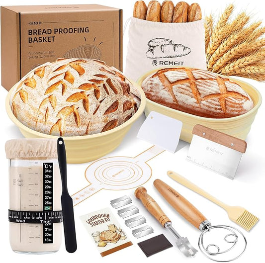 Complete Sourdough Starter Kit 9"Round & 10" Oval Silicone Banneton Bread Proofing Baskets, Sourdough Bread Baking Supplies with 34oz Fermentation Jar, Bread Lame, Scraper, Danish Whisk