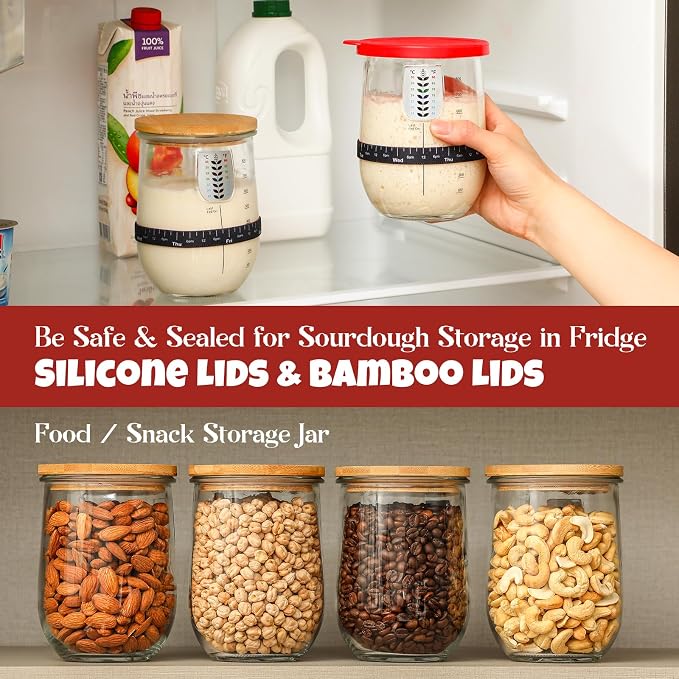 1 L (34 oz) Sourdough Starter Jar Kit, Wide Mouth Potbelly Crock - Glass Sour Dough Starter Bread Jar Set - Sourdough Baking Supplies - Sour Dough Bread Accessories Gifts for Sourdough Lovers