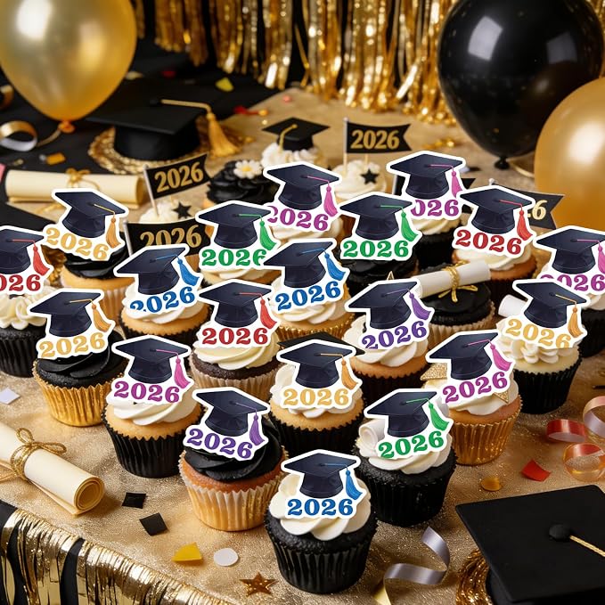 42PCS Edible Graduation Cap Cupcake Toppers Wafer Paper Class of 2026 Cake Decorations Edible Grad Cap Cupcake Picks for 2026 Graduation Theme Party Cake Decor Supplies (multi)