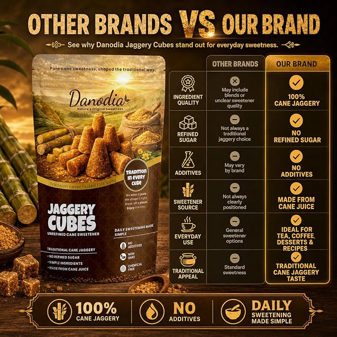 Danodia Foods Organic Jaggery Cubes, Cane Gur Sweetener, 1 lb Pack | Traditional sugarcane gur cubes for tea, coffee, cooking, baking, desserts and Indian pantry recipes; no preservatives used