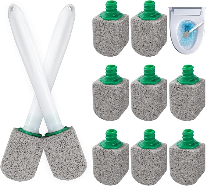 AUAUY 10 Pack Pumice Stone with Handle, Toilet Bowl Pumice Stone for Cleaning, Hard Water Toilet Ring Remover, 2 Cleaning Handle + 10 Pumice Stones for Cleaning Toilets, Bathtubs, Grills, Kitchen Sink