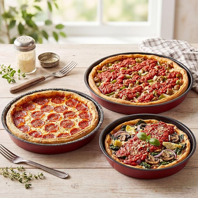 Mifoci 3 Pack Chicago Style Deep Pizza Pan, 10/12 / 14 Inch Nonstick Round Pizza Pan for Oven Carbon Steel Bakeware for Cookie Cakes, Thick Crust Pizzas Oven Safe Trays
