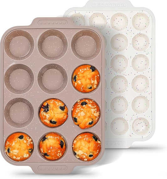 2 Pcs Silicone Muffin Pans for Baking with Metal Reinforced Frame, Nonstick Cupcake Tray for Oven, 12 Cups Regular and 24 Cups Mini Size Silicone Molds for Egg Bites (Brown, Cream)