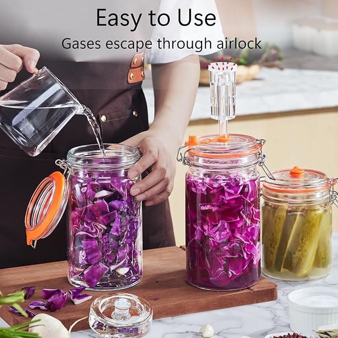 JILLMO 1 Liter Fermentation Jar, Glass Fermenting Kit with Weight for Making Sauerkraut, Hot Sauce, Mead, Cider and More, Pack of 2