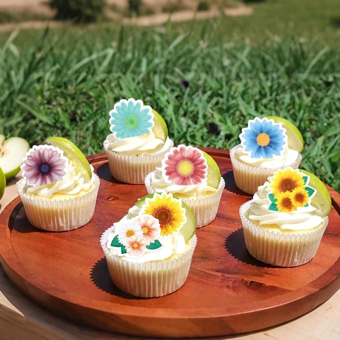 50Pcs Edible Colorful Sunflowers Cupcake Toppers Sunflower Blossoms Cupcake Picks for Sunflower Baby Shower Floral Bridal Shower Engagement Floral Wedding Baby Girls Birthday Cupcake Decorations
