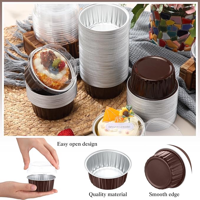 Gejoy 400 Pcs Aluminum Foil Baking Cups with Lids 5 oz Disposable Ramekins Mini Cake Pans Creme Brulee Cupcake Liners Muffin Tins Flan Mold Dessert Container for Wedding(Brown,Classic)