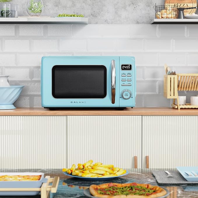 Galanz GLCMKZ07BER07 Retro Countertop Microwave Oven with Auto Cook & Reheat, Defrost, Quick Start Functions, Easy Clean with Glass Turntable, Pull Handle.7 cu ft, Blue