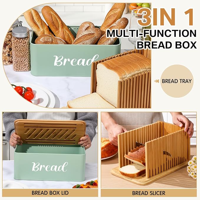 Bread Box with Bread Slicer Storage Container for Kitchen Countertop Food Storage with Multifunction Bamboo Lid, 3 in 1 Breadbox Removable Cut Board for Loaf Slicing(Green,Wood,Metal,Bamboo)