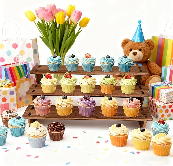 3 Tier Cupcake Stand Wood - 30s Quick Assembly, Easy Carry&Store | Wooden Cupcake Display Stand, Rustic Wooden Riser, Tiered Serving Tray for Vendors, Cup Cake, Dessert, Spice Rack, Candles