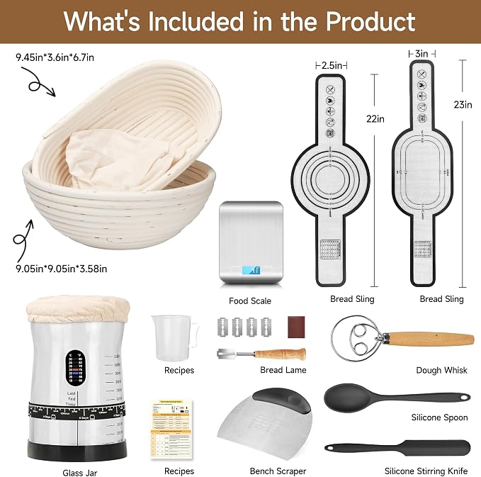 Coco Bird Pro Sourdough Starter Kit- 50oz Large Capacity Sourdough Starter Jar,17 Flavor Recipes,2 Bread Proofing Baskets,Food Scale,Bench Scraper,Bread Lame,Complete Sourdough Bread Baking Supplies