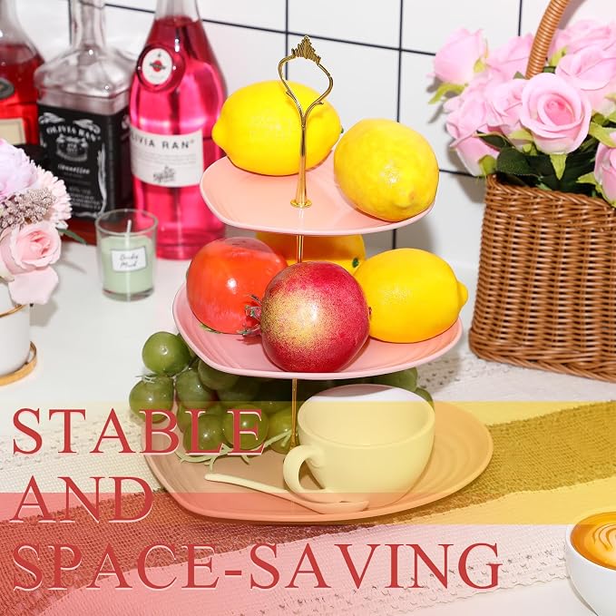 Layhit 1 Pack Wedding 3 Tier Cupcake Stand Heart Shaped 3 Tiered Serving Trays for Party Plastic Tray Dessert Cupcake Stand for Tea Party Baby Shower Wedding (Pink)