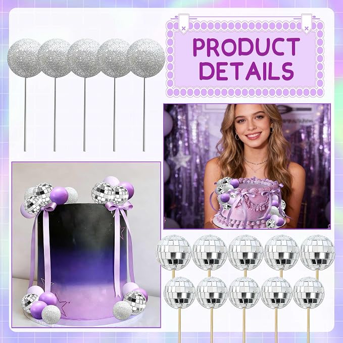 37Pcs Purple Disco Ball Cake Topper Purple Cool Girl Birthday Party Decorations Bows Butterfly Cake Decorations Singer Disco Bachelorette Party Supplies