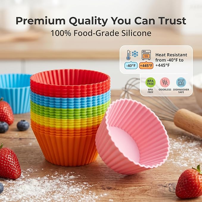 Baking Cups 24 Pack, Multi-color Reusable Silicone Cupcake Liners, Non-stick and Flexible Muffin Pans for Baking, Easy To Clean Cupcake Molds