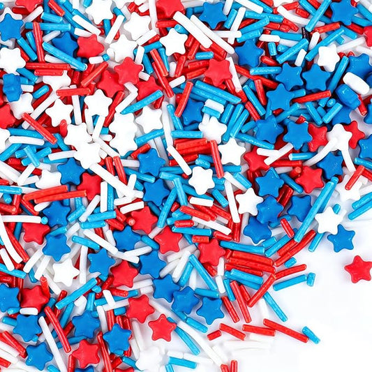 Red White and Blue Sprinkles, 4.6oz 4th of July Sprinkles for Cake Decorating, Patriotic Stars and Jimmies Mix for Ice Cream Cupcakes Brownie Cookie Dessert Topping