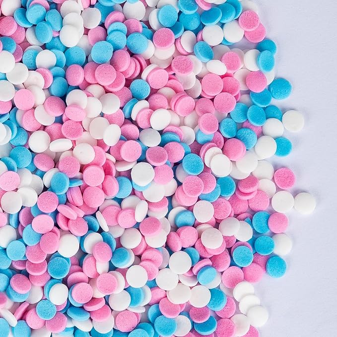 Edible Pastel Sprinkles for Cake Decorating,Pink Blue White Round Confetti,Gender Reveal Sprinkle,Princess Sugar Sprinkle Circular Candy for Cake Baking,Cupcake Cookie Donut Desserts Decorations, Baby Shower Birthday Party Supplies